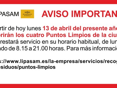 LIPASAM: AVISO IMPORTANTE "REAPERTURA PUNTOS LIMPIOS"