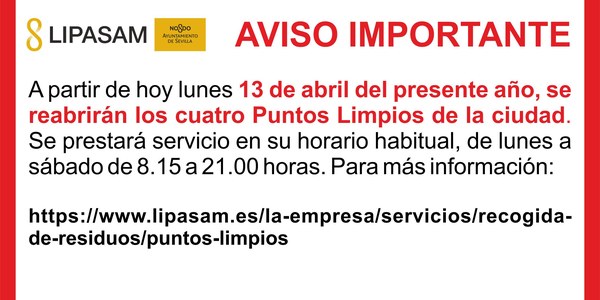 LIPASAM: AVISO IMPORTANTE "REAPERTURA PUNTOS LIMPIOS"